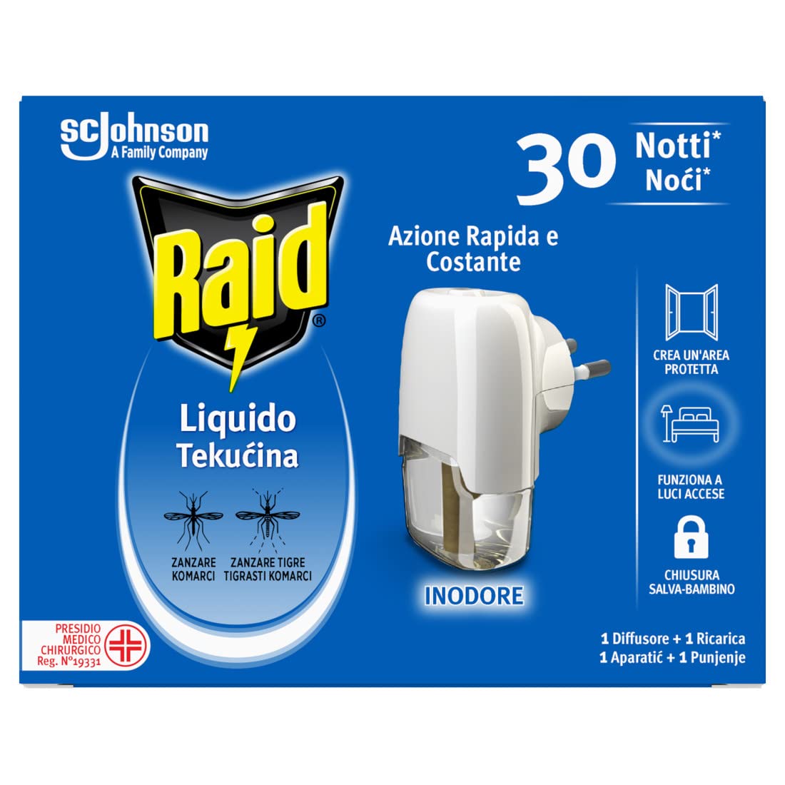 Raid Liquido Elettrico Antizanzare Contro Zanzare Comuni e Tigre, Confezione da 1 Base e 1 Ricarica 21 ml, 30 Notti