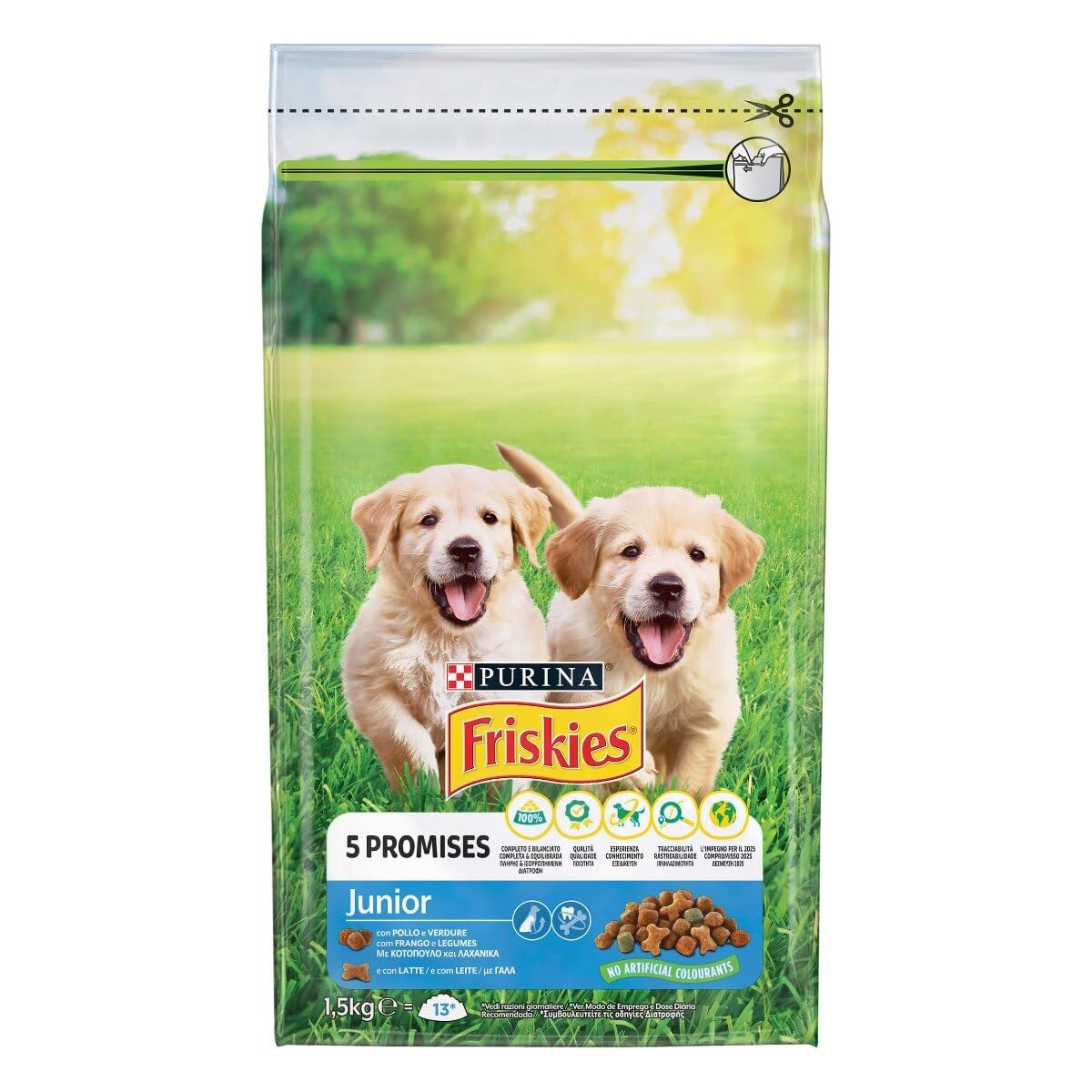 PURINA FRISKIES 5 Promesse Crocchette per Cani Cuccioli con Pollo, Verdure e Latte Sacco da 1.5kg