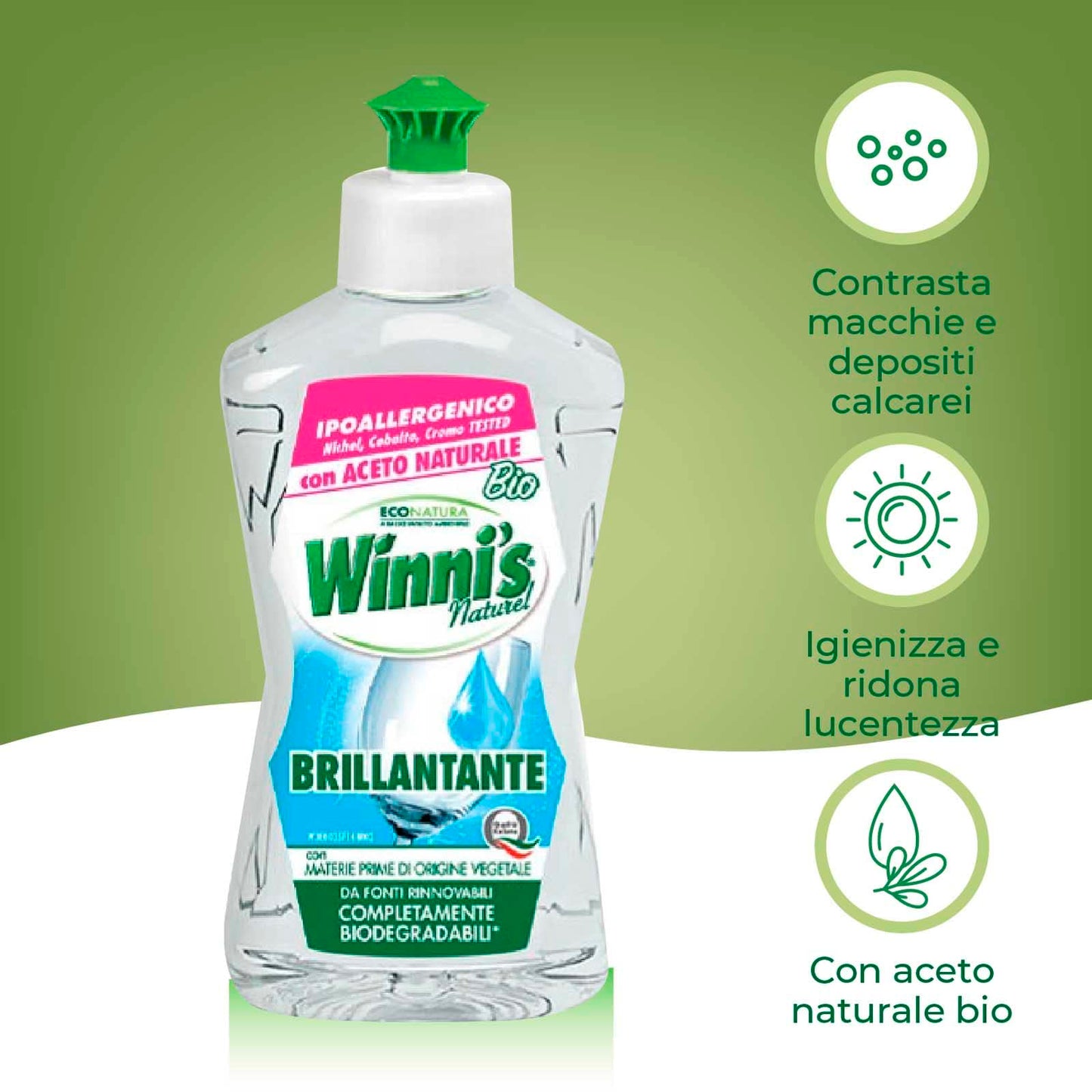 Winni's Naturel Brillantante per Lavastoviglie con Aceto Naturale Bio Ipoallergenico Materie Prime Origine Vegetale Completamente Biodegradabili - 4 Flaconi da 250ml