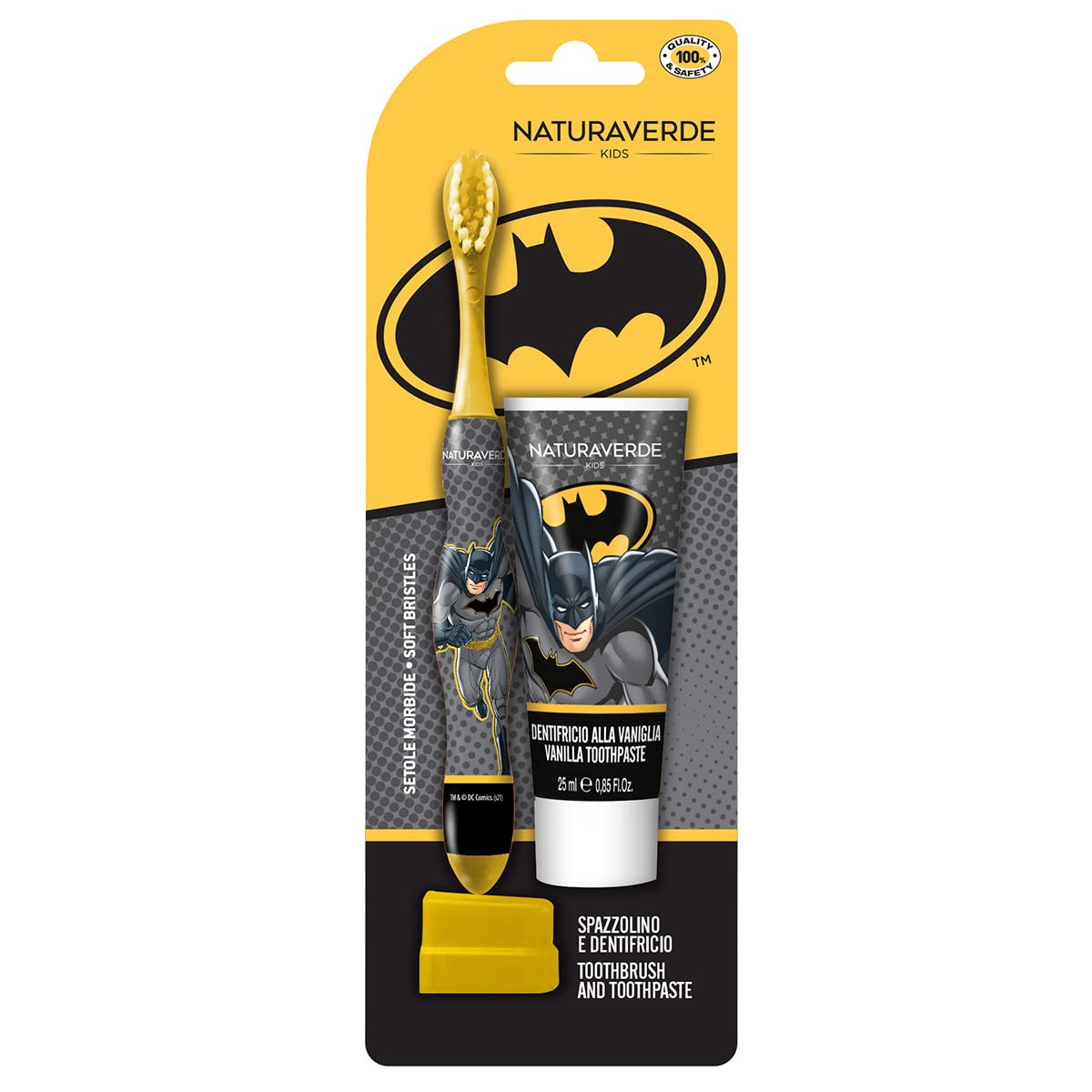 Naturaverde | Kids - Warner Bros Batman - Kit Pulizia Orale per Bambini, Dentifricio Vaniglia 25ml e Spazzolino Setole Morbide, Dentifricio Batman
