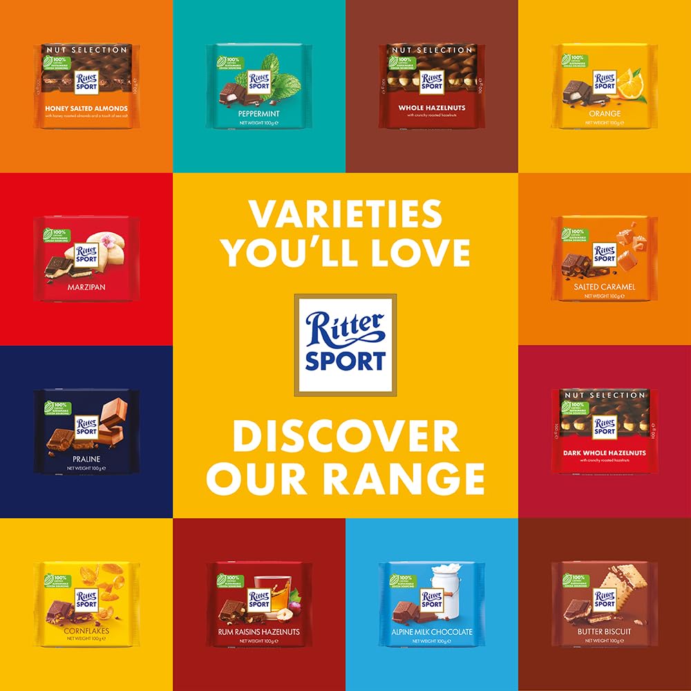 RITTER SPORT Fondente Nocciole Intere, Tavoletta di Cioccolato Fondente Con Nocciole Intere, Cacao 100% Certificato Sostenibile, 10 Pezzi da 100 g