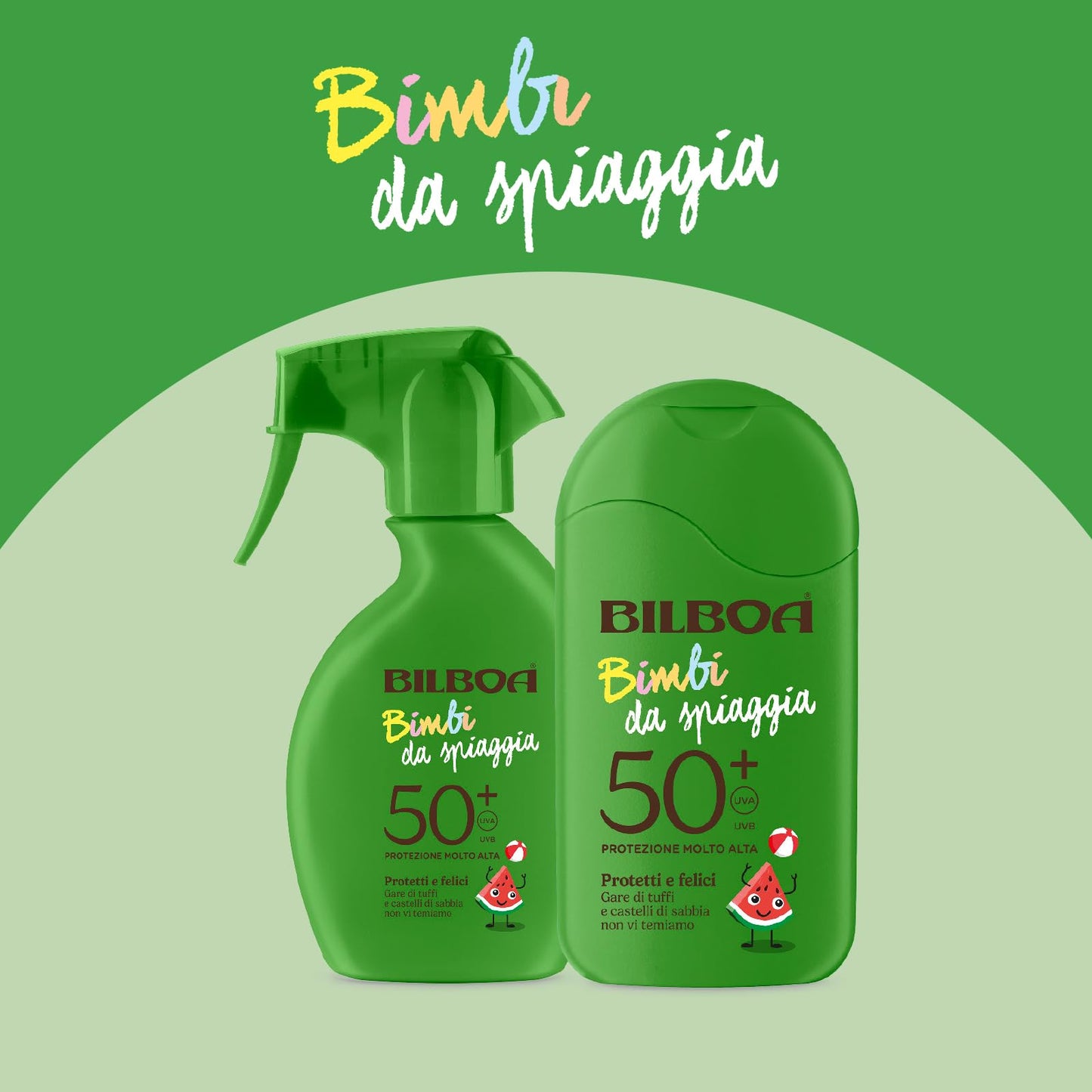 Bilboa Bimbi da Spiaggia Trigger Solare Bambini con Protezione SPF 50+, Resistente all'Acqua e Anti Scottature, Dermatologicamente Testato, 250 ml