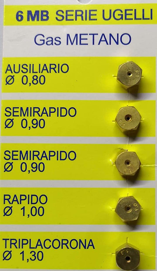 CG94 Ugelli per Gas Metano con Testa da 7mm Passo da 6MB Universali adatto a Piani Cottura - Serie da 5 Iniettori con Diametro da Ø0,80 a Ø1,30