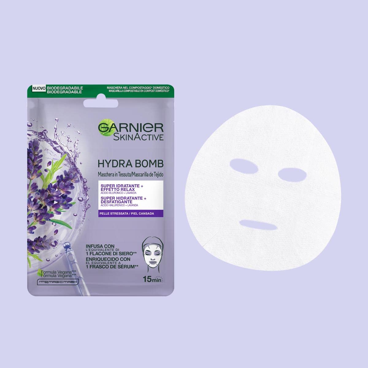 Garnier Maschera in Tessuto Skin Active Hydra Bomb, Super Idratante ed Effetto Relax, Con Acido Ialuronico e Lavanda, Per Pelli Stressate, 28 gr
