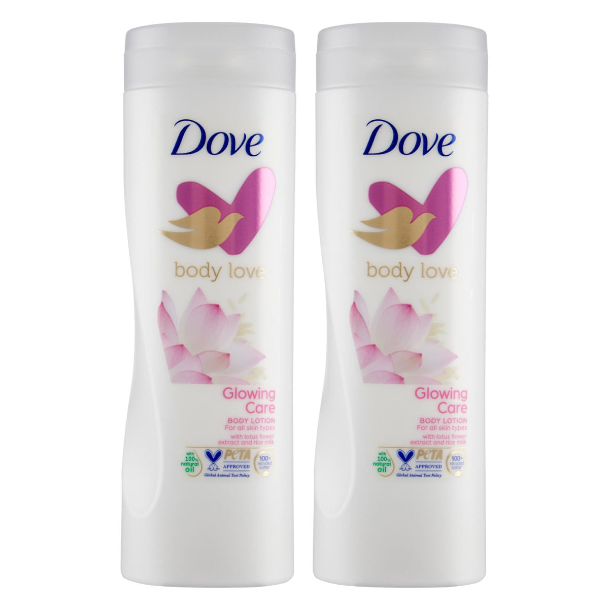 Dove Body Love Glowing Care Crema Corpo Idratante E Nutriente per Tutti i Tipi di Pelle con Latte di Riso e Profumo Floreale - 2 Flaconi da 400ml