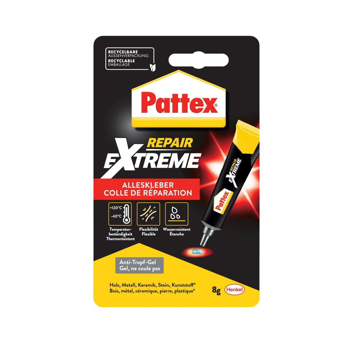 Pattex Repair Extreme, adesivo multiuso flessibile e non restringente, adesivo di riparazione resistente alle temperature, forte adesivo per interno ed esterno, 1x tubo da 8 g