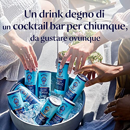 Bombay Sapphire Premium Gin & Tonic, Vol. 6,5%, 12 x 25 cl / 250 ml, cocktail pronto da bere premiscelato in lattina, London Dry Gin infuso al vapore, aromi naturali e acqua tonica premium