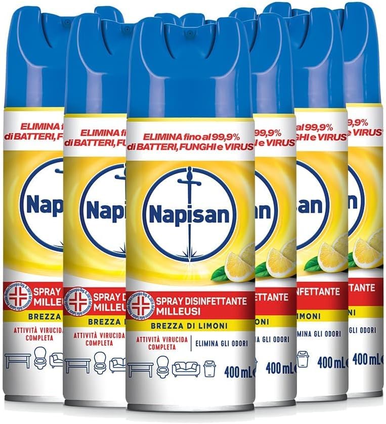 Napisan Spray Disinfettante Milleusi, Disinfettante Spray per Tessuti e Superfici, Fragranza Limone, 6 Spray da 400ml