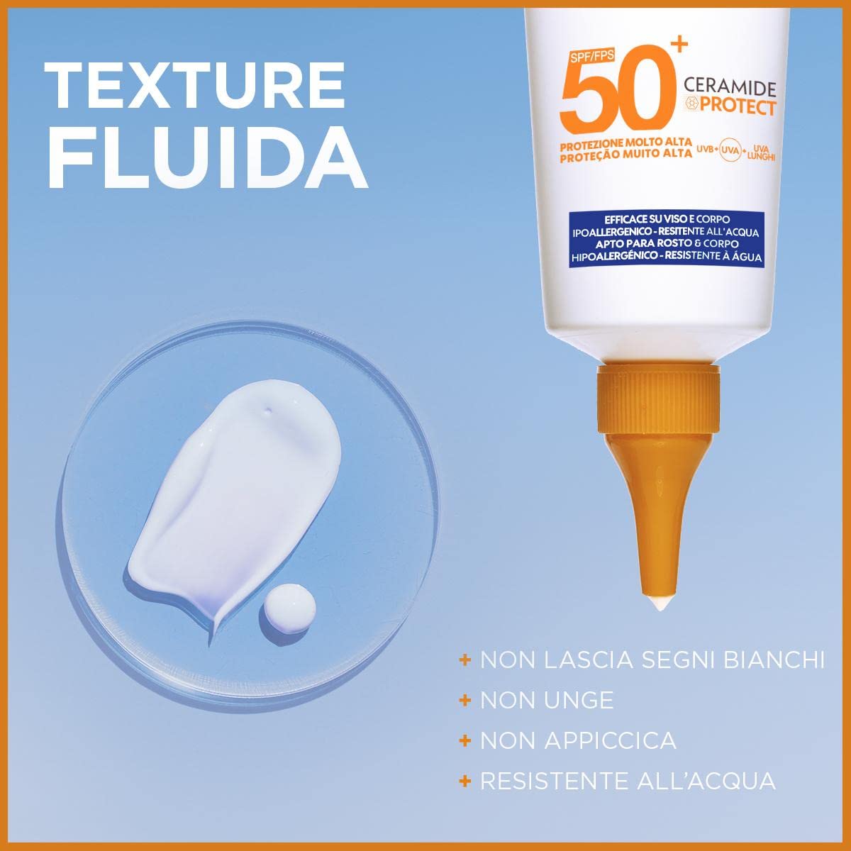 Garnier Siero Corpo Protettivo Sensitive Advanced, Per Pelli Sensibili, Protezione SPF 50+, Resistente All'Acqua, Con x2 Ceramidi, Ambre Solaire, 125 ml