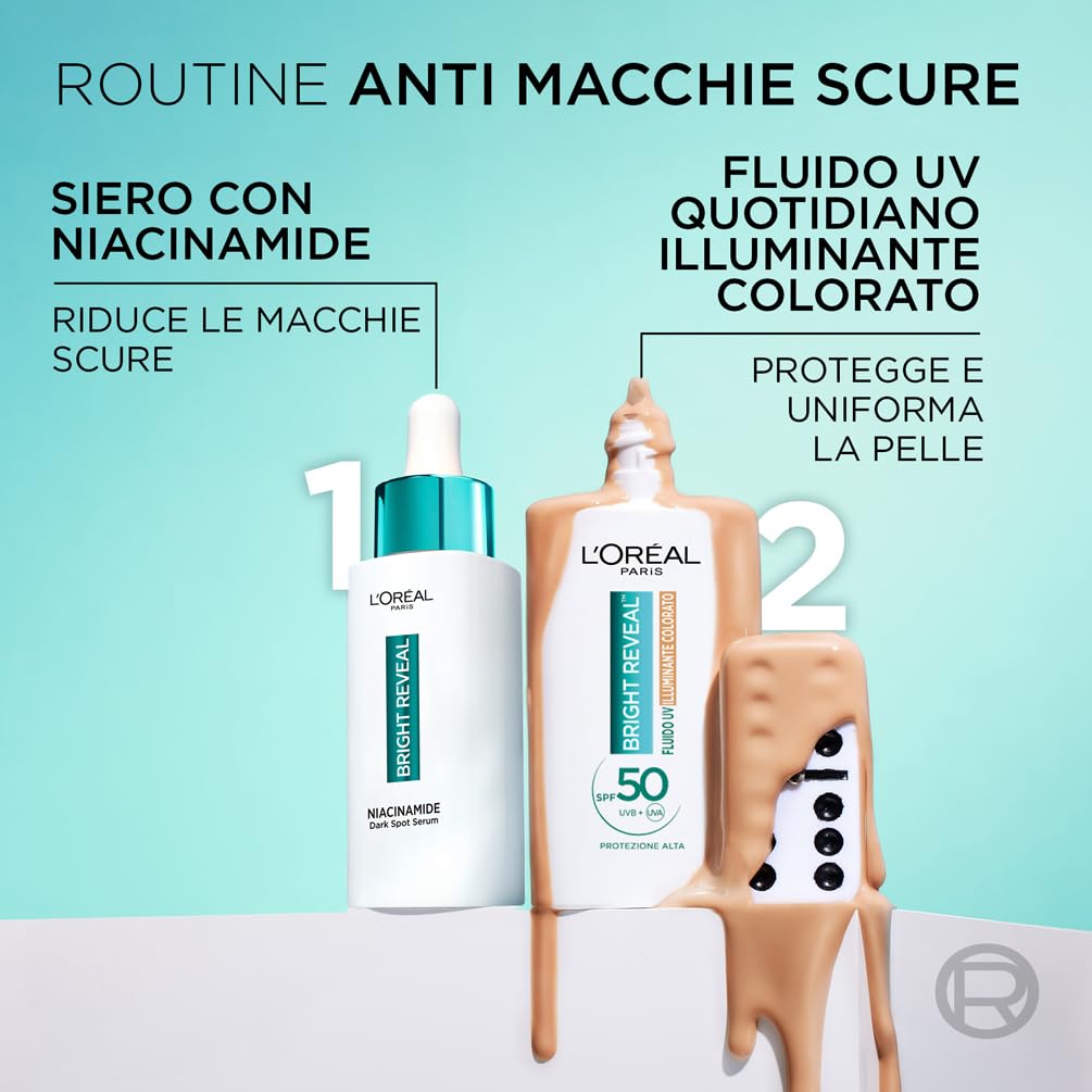 L'Oréal Paris Fluido UV Anti-Macchie, Per Tutti i Tipi di Pelle, Incarnato Luminoso, Macchie Scure e imperfezioni Meno Visibili, Con Niacinamide e SPF50, Bright Reveal, Tonalità: Medium, 50 ml