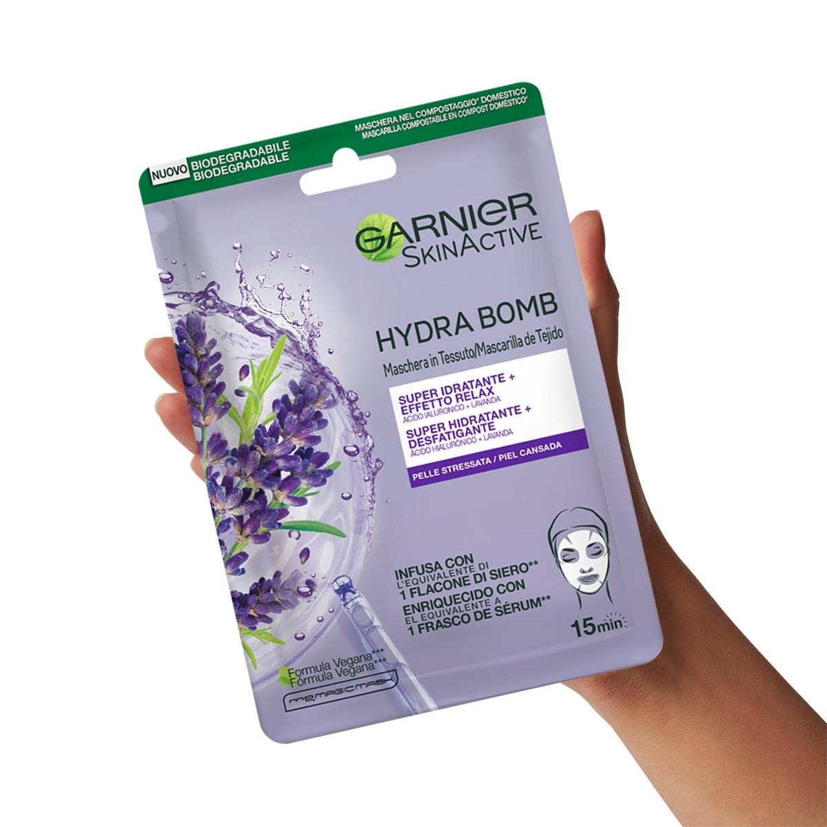 Garnier Maschera in Tessuto Skin Active Hydra Bomb, Super Idratante ed Effetto Relax, Con Acido Ialuronico e Lavanda, Per Pelli Stressate, 28 gr