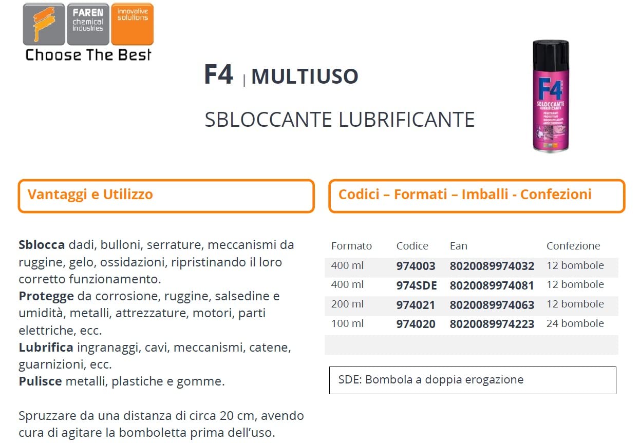 Faren F4, Sbloccante Lubrificante Multifunzione Spray,Penetrante, Idrorepelle, Anticorrosivo,ideale per bulloni, serrature,meccanismi da ruggine, ingranaggi etc., 400ml
