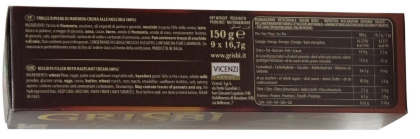 Vicenzi: Biscotti Frolla Italiana "Grisbi Hazelnut" ripieni di Crema di Nocciola 150 g Confezione da 8