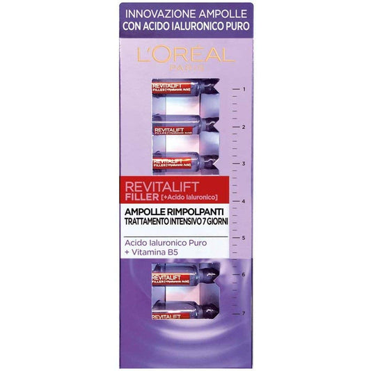 L'Oréal Paris Ampolle Rimpolpanti Revitalift Filler, Azione Antirughe, con Acido Ialuronico Puro 100% Concentrato e Vitamina B5, Trattamento Intensivo 7 Giorni, 7x1 ml