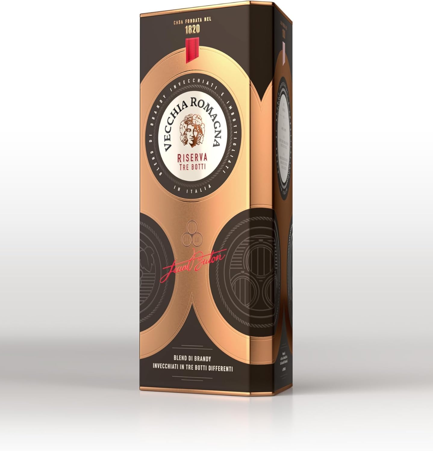 Vecchia Romagna Riserva Tre Botti 70cl – Blend di distillati invecchiati in tre botti differenti, gusto ricco e intenso. 40,8% vol.