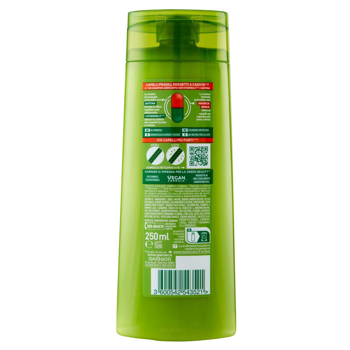 Garnier Fructis Shampoo Fortificante, Per Capelli Fragili, Anti-Rottura, Per Capelli Forti e Sani, Con Vitamina C e Biotina, Vitamine & Forza, 250 ml