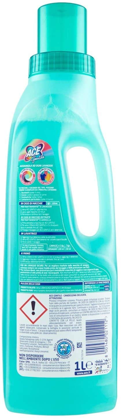 Ace - Gentile, Candeggina Delicata per Colorati e Delicati - 4 pezzi da 1000 ml [Totale 4000 ml]