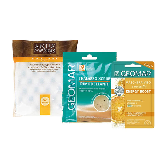 KIT CORPO E VISO: Thalasso Scrub Rimodellante Monodose + Maschera Viso Energy Boost + Guanto in Spugna