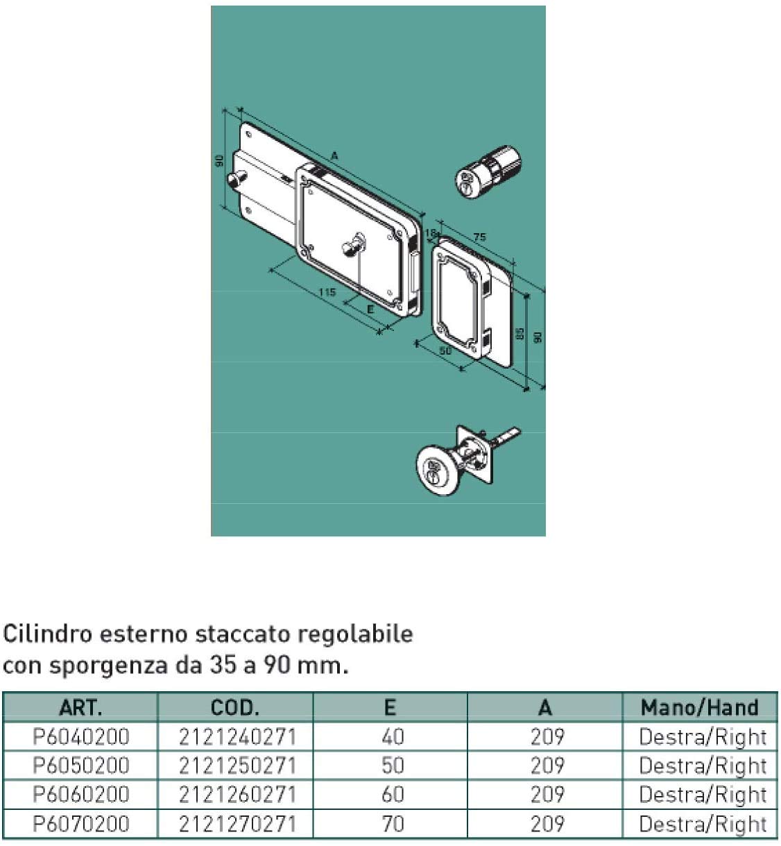 Facchinetti serratura destra ferroglietto cilindro staccato 6 mandate (60mm)