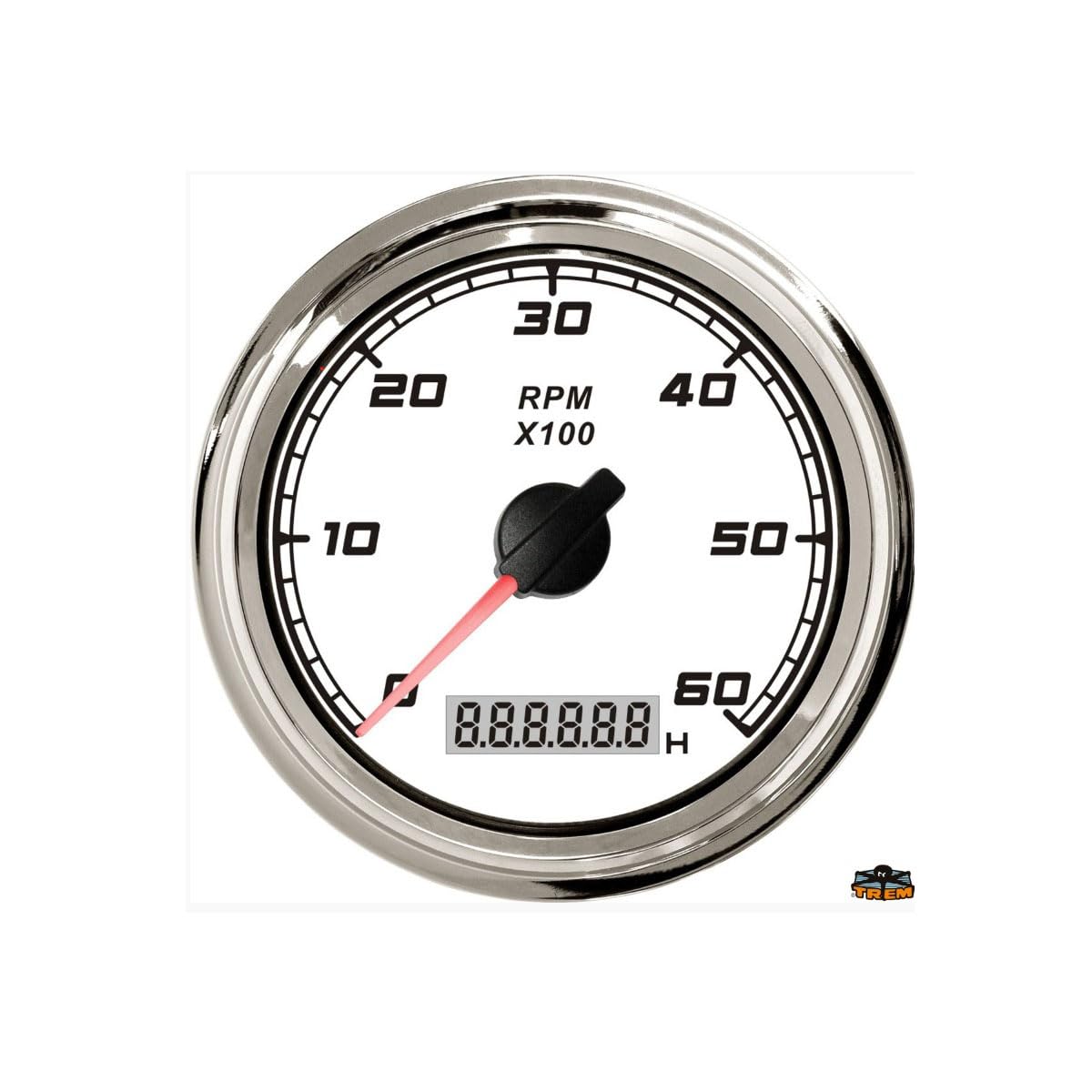 TREM Tachimetro Nautico Analogico, 0-6000 RPM x100, con Contaore Digitale, Quadrante Bianco, Cornice Inox