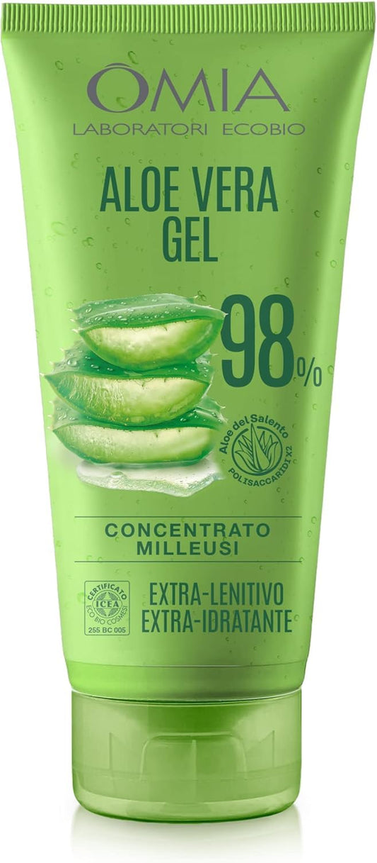 Omia - Gel Eco Bio con Aloe Vera del Salento al 98%, Gel Idratante, Lenitivo e Rinfrescante, Ideale per Pelli Secche, Non Unge, Dermatologicamente Testato - Flacone da 150 ml