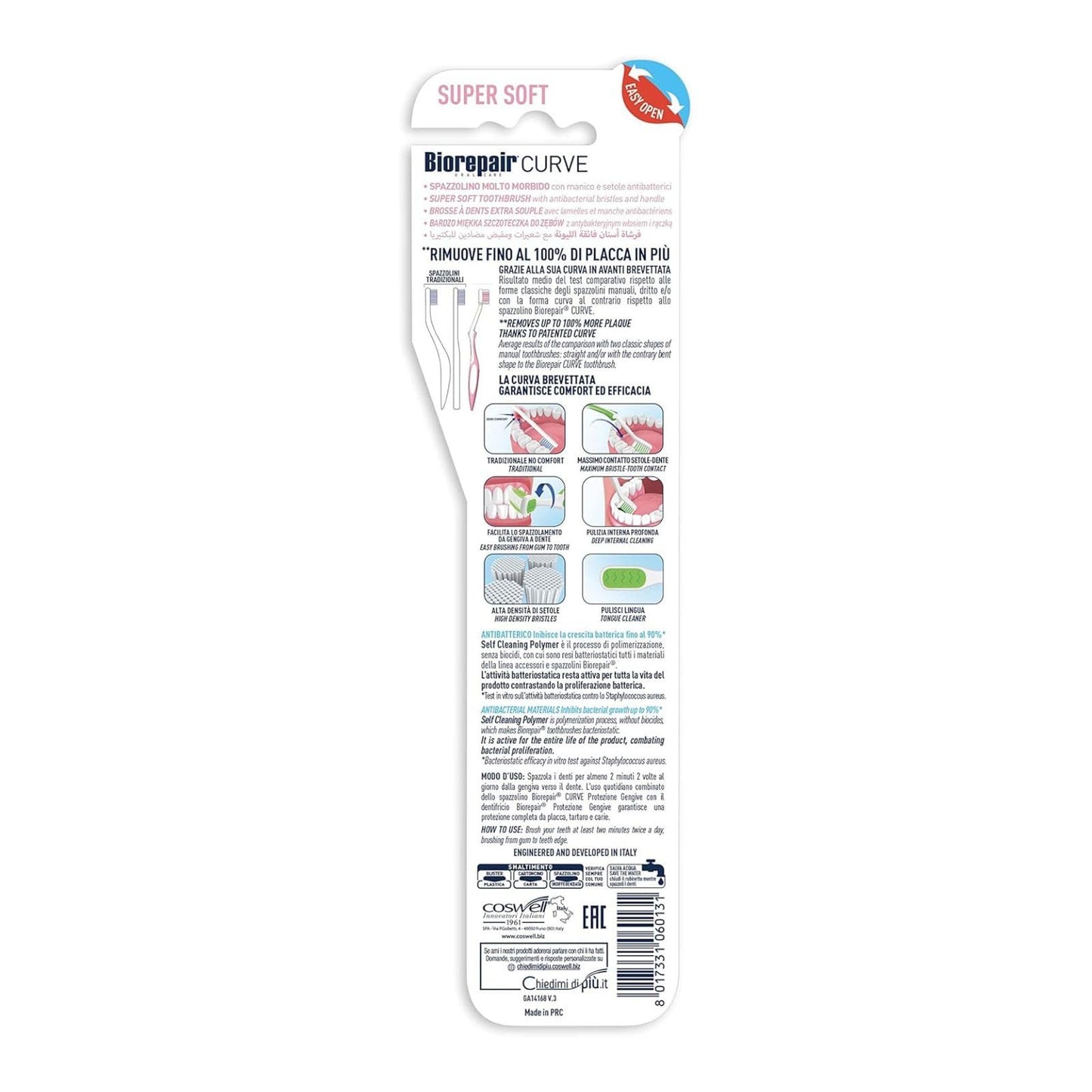 Biorepair, Spazzolino Gengive con Setole Super Soft, Antibatterico con Piliscilingua, Inibisce la Crescita Batterica Fino al 90%
