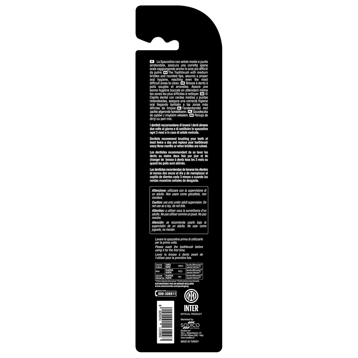 Naturaverde | Kids - Football Team - Spazzolino con Setole Medie per Bambini, Spazzolino da Denti Divertente per Bimbi, Spazzolino Inter