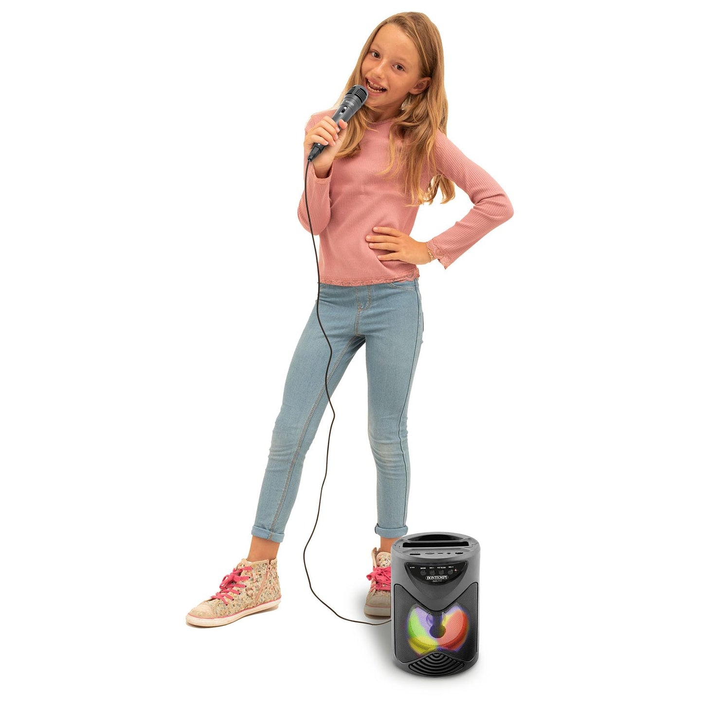 Bontempi | SonicSync - Amplificatore Wireless Karaoke con Microfono Dinamico, Vano Porta Smartphone, Effetti Luminosi ed Effetto Eco, 18,9x15,9x12,9 cm