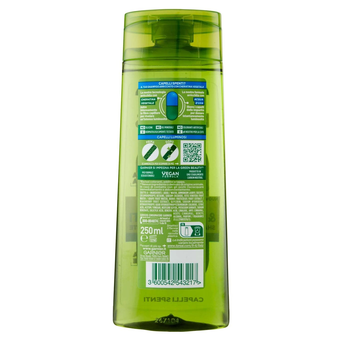 Garnier Fructis Shampoo Illuminante, Per Capelli Spenti, Effetto Luminoso, Con Cheratina Vegetale, Puliti & Brillanti, 250 ml