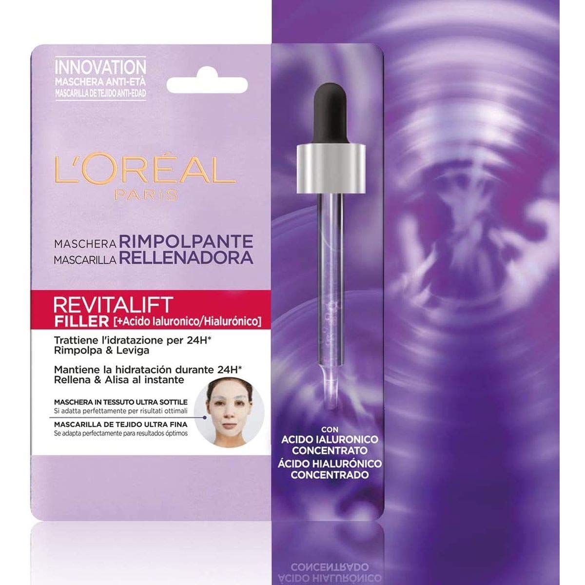 L'Oréal Paris Maschera in Tessuto Revitalift Filler, Maschera in Tessuto Rimpolpante Anti-Età con Tecnologia Effetto Seconda Pelle, Arricchita con Acido Ialuronico, 30 G, Confezione da 3