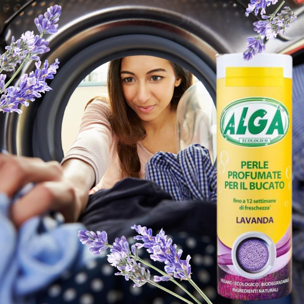 ALGA BIO - Perle Profumate per Bucato Profumo Lavanda, Fragranza Intensa e Duratura fino a 12 Settimane, Vegano, Adatte a Tutti i Tessuti 275g