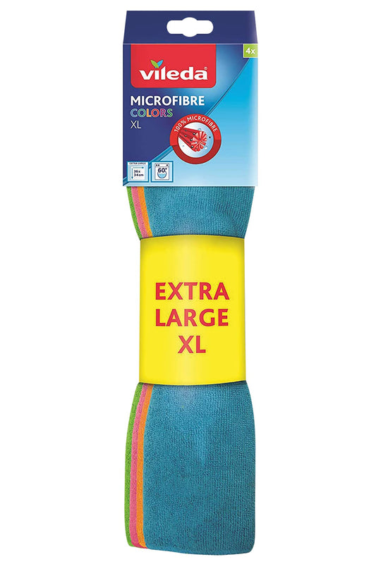 Vileda 06694-31-2-231 Set Panni Multiuso per Vetri, Bagno, Cucina, Mobili, in Microfibra, Colori Assortiti, XL, 36 x 34 cm, 4 unità