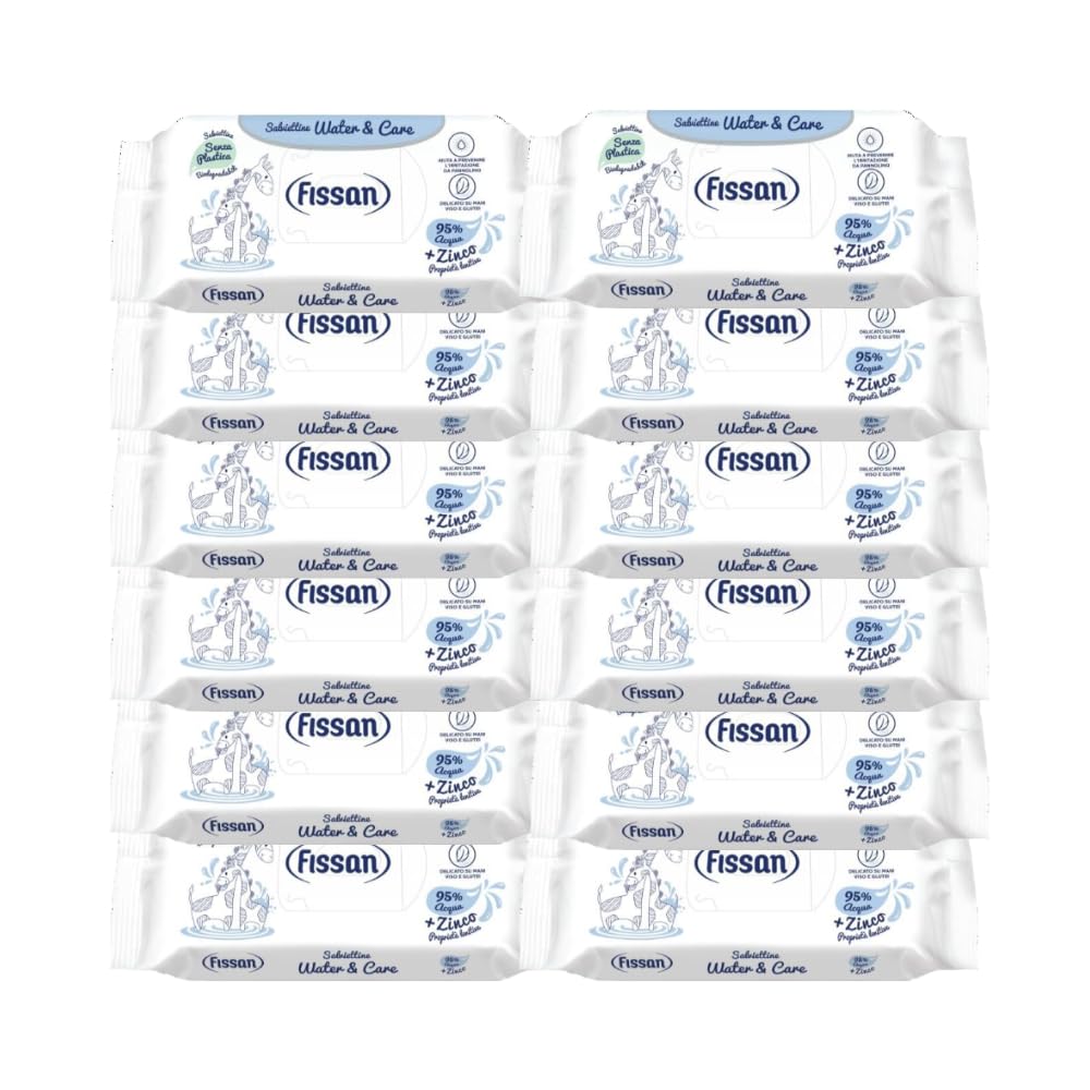 FISSAN - Salviettine Water & Care - Per Neonati E Bambini - Delicate su Mani, Viso e Glutei - 95% Acqua - Con Le Proprietà Lenitive Dello Zinco - 12 Confezioni - 624 Pezzi