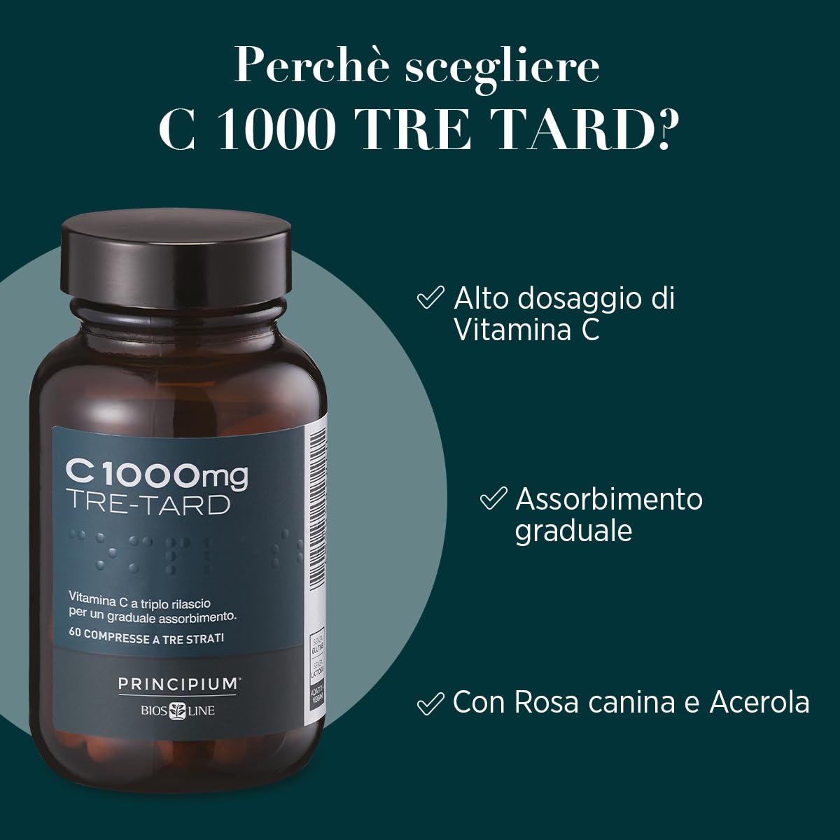 Bios Line Principium C 1000mg Tre-Tard Integratore Antiossidante con Estratti di Rosa Canina e Acerola, 60 Compresse