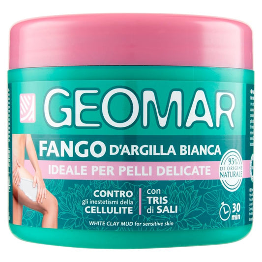 GEOMAR | Fango D'Argilla Bianca, Contro gli Inestetismi della Cellulite, per Pelli Delicate, 95% di Origine Naturale Con Tris Di Sali (Sale Marino, di Epsom e del Mar Morto), Made in Italy, 600 g