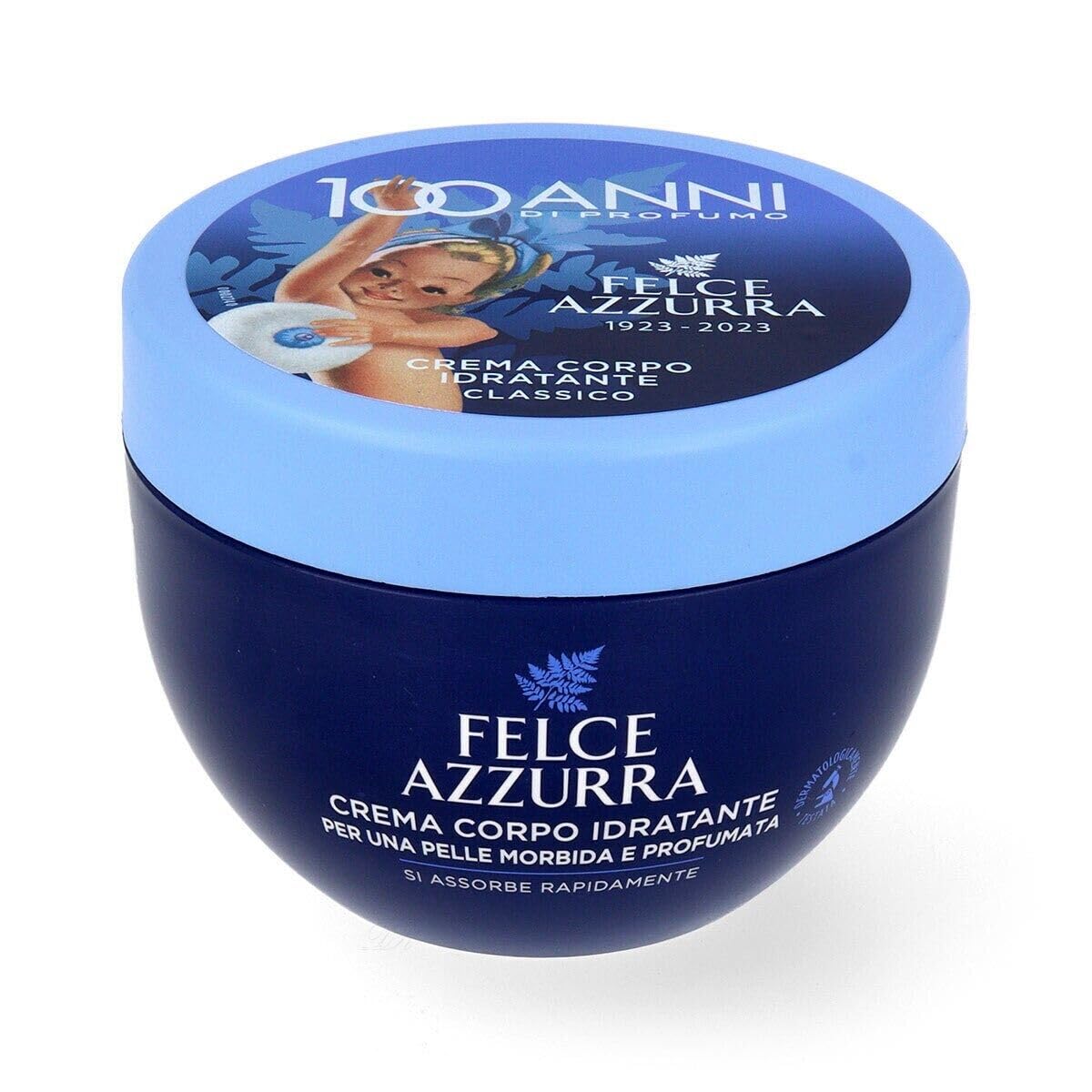 Paglieri Felce Azzurra Crema corpo idratante, 3 confezioni da 250 ml, + 1 confezione di talco in polvere Felce Azzurra inclusa, 100 g