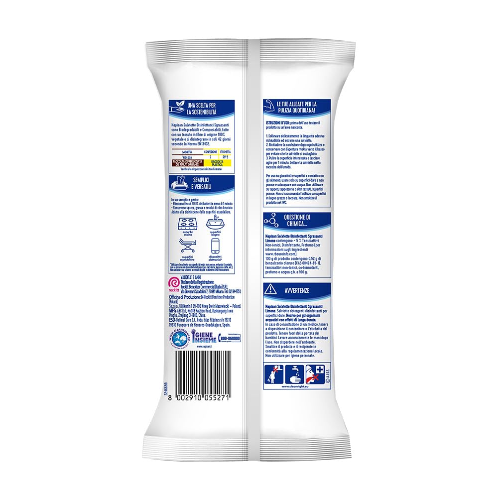 Napisan Salviette Disinfettanti Sgrassanti al Limone, Confezione da 8 Pacchi x 40 Salviette Disinfettanti Biodegradabili e Compostabili Multisuperfici