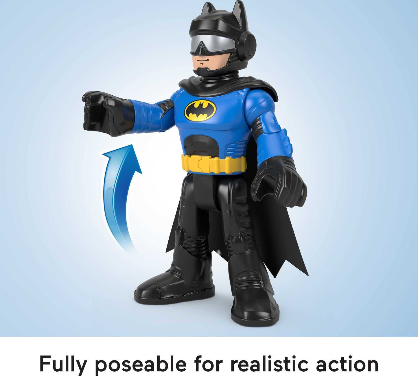 Fisher-Price Imaginext DC Super Friends - Batman XL Motociclista Blu, Personaggio snodato Alto piĂą di 25 cm con Morbido Mantello in Tessuto, Giocattolo per Bambini, 3+ Anni, HML40
