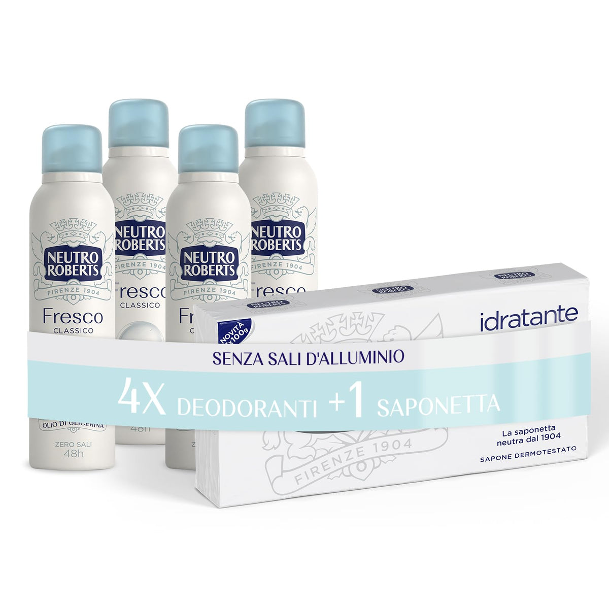 Neutro Roberts, Deodorante Spray Fresco Classico, Zero Sali di Alluminio, Zero Macchie, con Puro Olio di Glicerina, Deodorante Uomo e Donna, Dermatologicamente Testato, 48h - 4 Pezzi da 150 ml