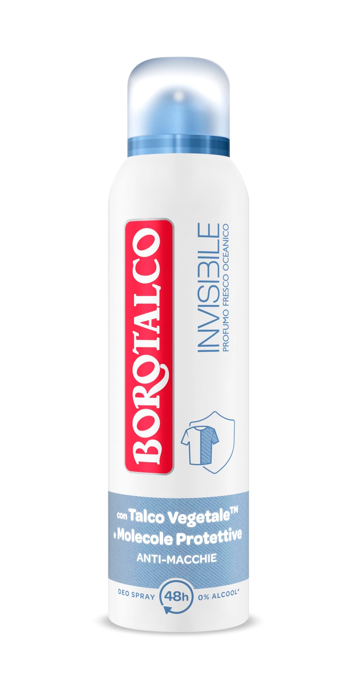 Borotalco, Deodorante Spray Invisibile Azzurro, Formula Senza Alcool con Talco Effetto Barriera, Cattura e Non Trasferisce Aloni, 48h di Efficacia, Profumo Fresco Oceanico - 1 Flacone da 150 ml
