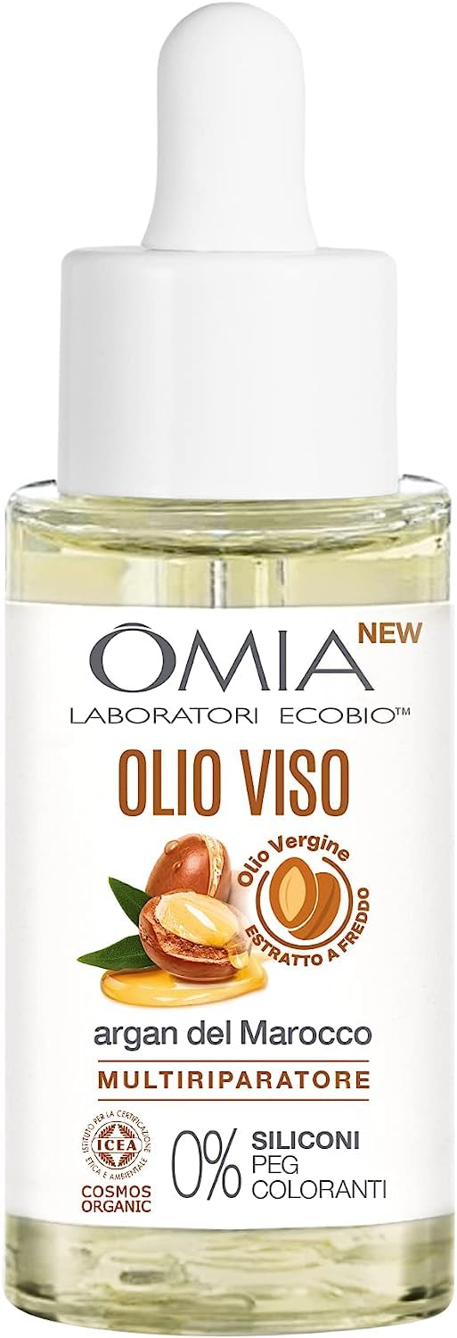 Omia, Olio Viso Antietà Multiriparatore con Argan del Marocco, Trattamento Viso Antirughe ed Elasticizzante, Vegano e Dermatologicamente Testato, 30 ml