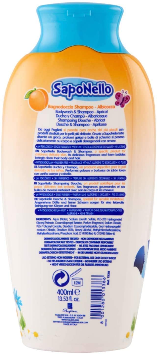 4FLACONI SAPONELLO BAGNODOCCIA SHAMPOO ALBICOCCA 400 ML bagnoschiuma bagnetto bambini