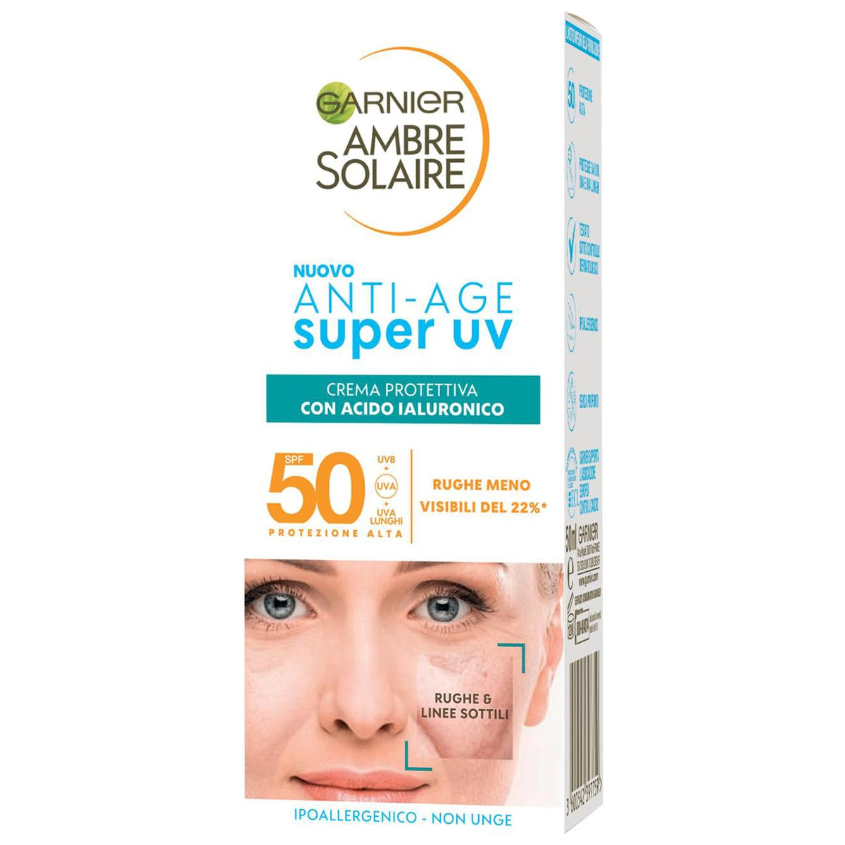 Garnier Crema Viso Protettiva Anti-Age Super UV, Per Pelli Sensibili, Protezione SPF 50, Ad Assorbimento Rapido, Con Acido Ialuronico, Ambre Solaire, 50 ml
