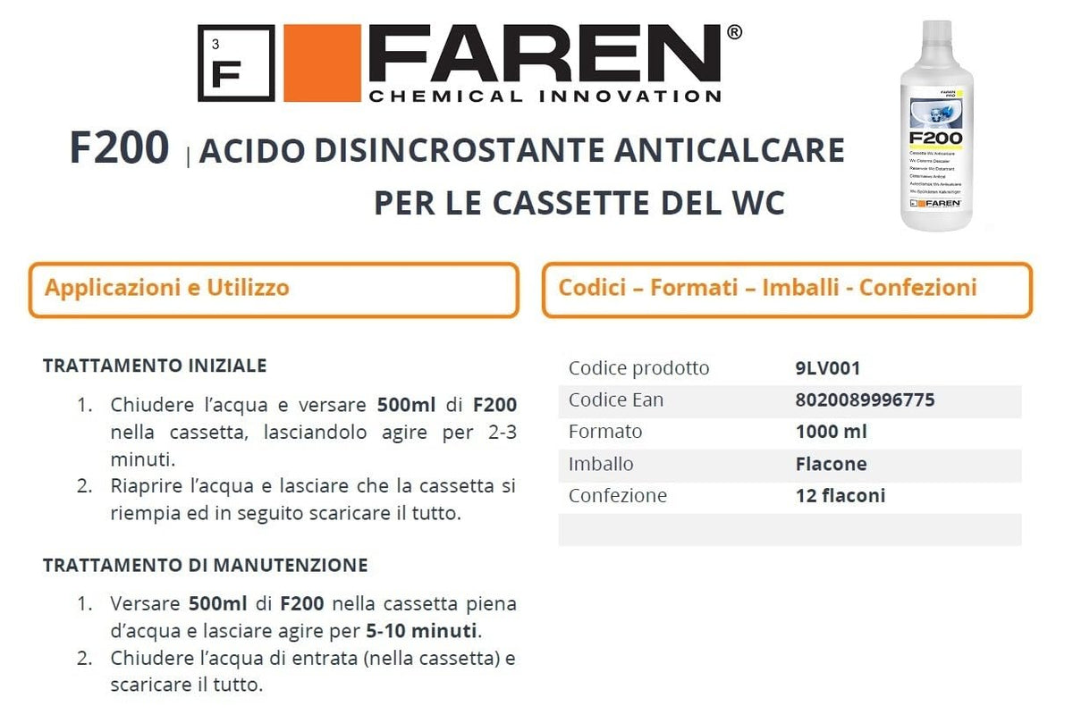 FAREN, Disincrostante Anticalcare F200, Elimina Incrostazioni di Calcare dalle cassette di scarico, Sicuro su Plastiche e Gomme, Efficiente ed Economico, 1lt (12pz)