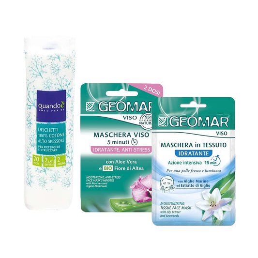 KIT VISO: Maschera Viso Idratante/Anti-Stress - in Tessuto Idratante + Dischetti 100% Cotone