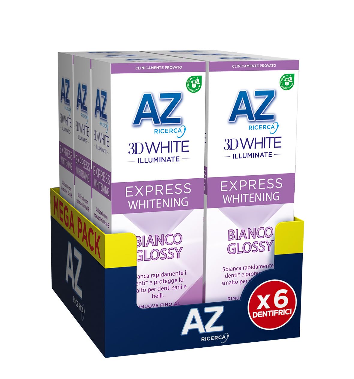 AZ Ricerca DENTIFRICIO 3D White Illuminate Express Whitening BIANCO GLOSSY, SBIANCA Rapidamente e PROTEGGE lo Smalto, RIMUOVE fino al 100% delle MACCHIE, Confezione da 6 (6x50ml), MENTA EUCALIPTO