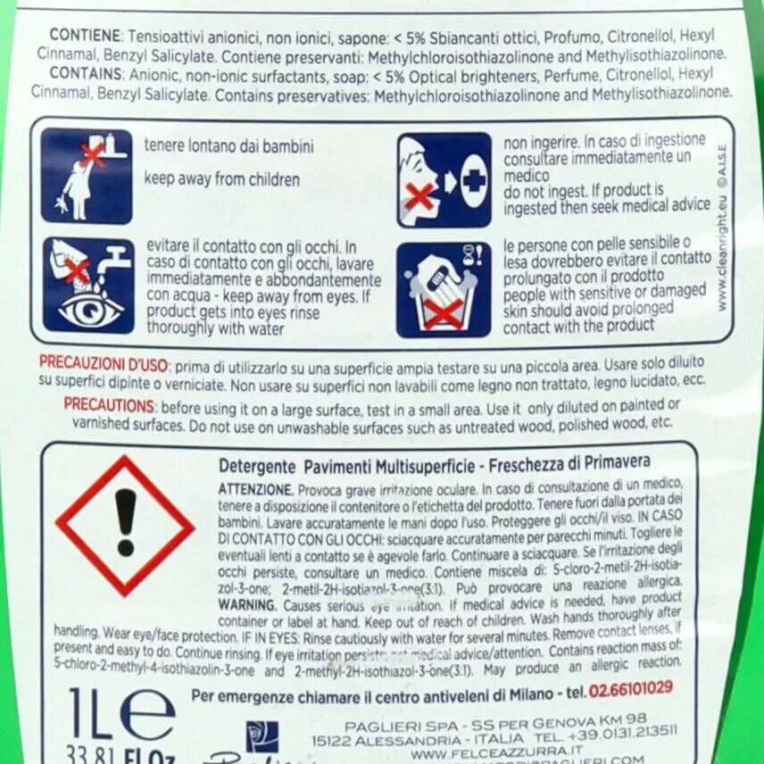 Confezione da 12 Paglieri Felce Azzurra Pavimenti Freschezza di Primavera, Detergente per pavimenti multipli 1 litro
