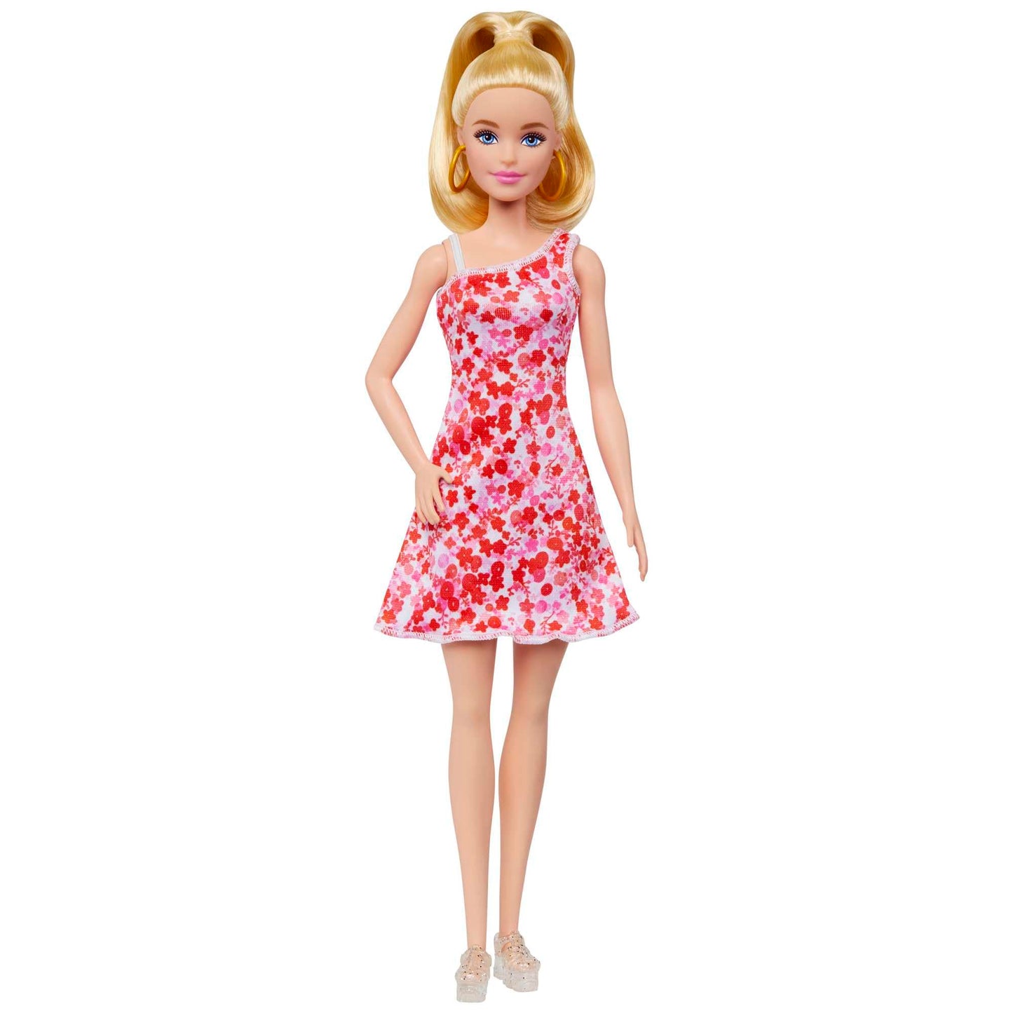 Barbie - Bambola Fashionistas con coda bionda, abito floreale rosa e rosso, sandali con plateau e orecchini a cerchio, giocattolo per bambni, 3+ anni, HJT02