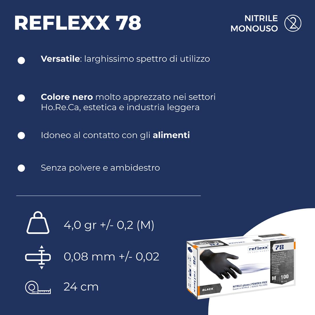 Reflexx 78, Guanti in Nitrile Neri senza Polvere Gr 4, 100 Pezzi, Nero