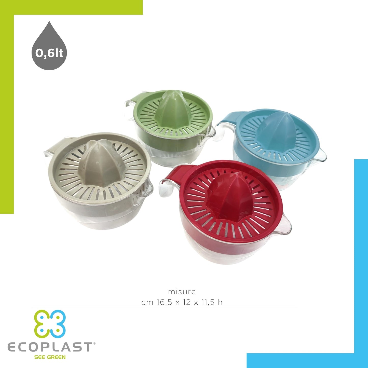 Ecoplast | Spremiagrumi Manuale in Plastica con Vaschetta da 0,6 Litri, Colore Ghiaccio, Made in Italy